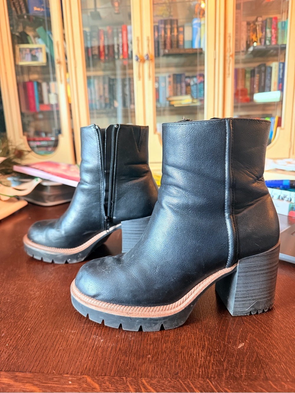 MIA Black Leather Lug Sole Block Heel Ankle Boots